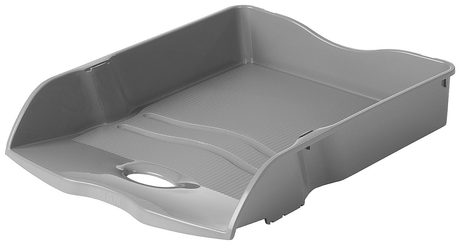 Grey plastic document tray with wavy edges; for organising documents.