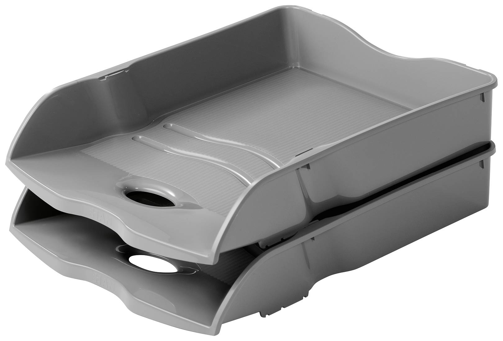 Two grey paper trays, stacked on top of each other, suitable for storing documents on a desk.
