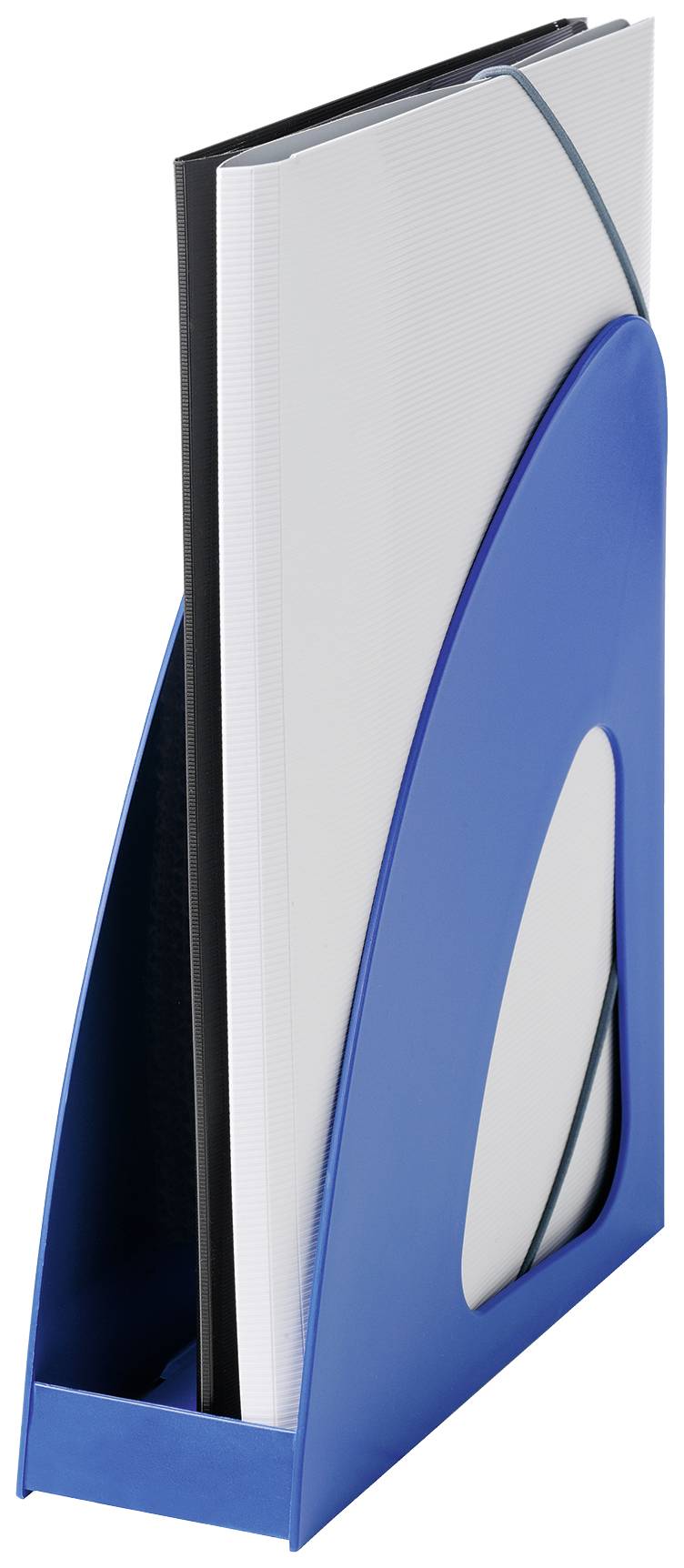 A blue plastic lever arch file containing a brochure, standing upright for storing or organising documents.