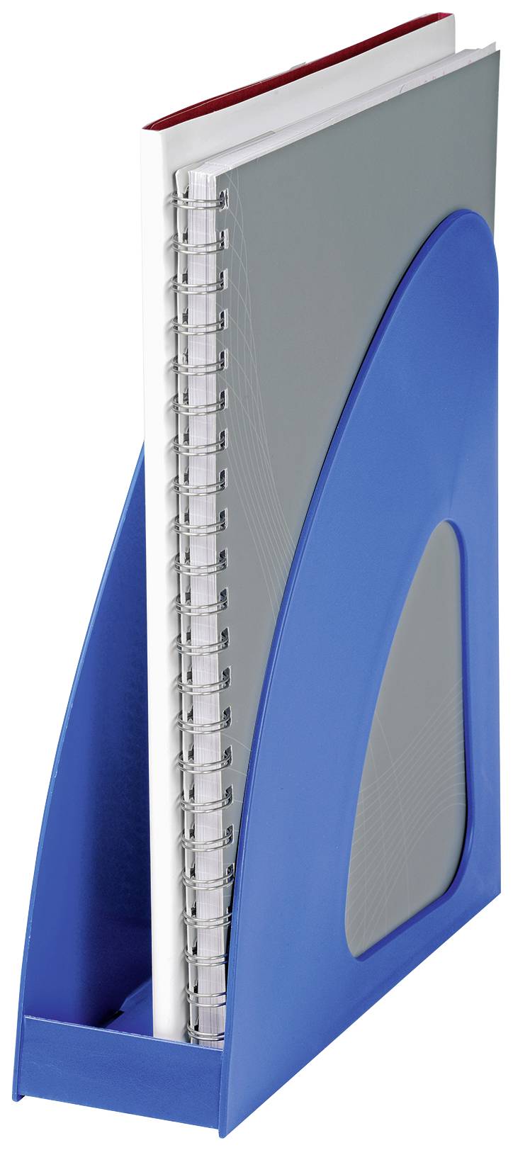 Blue plastic document stand with a ring binder and a magazine inside. Suitable for storing documents or books.
