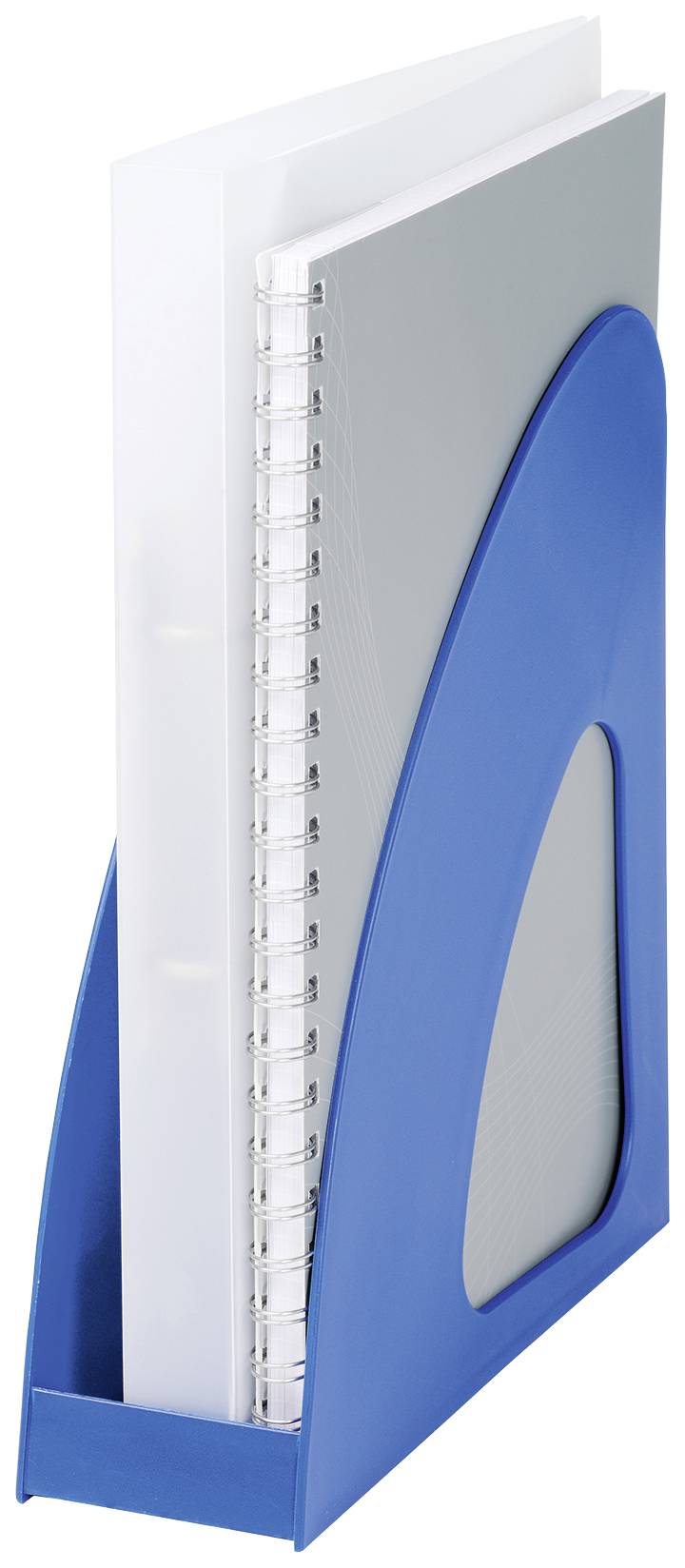 A blue magazine holder with a grey spiral-bound notebook and a white document inside. Ideal for storing office supplies.