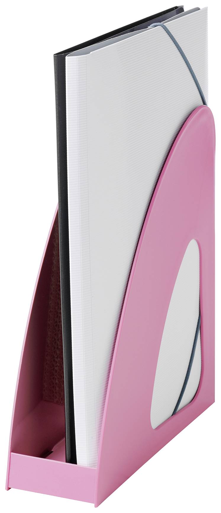 A pink magazine rack stands upright, holding several magazines or thin files.