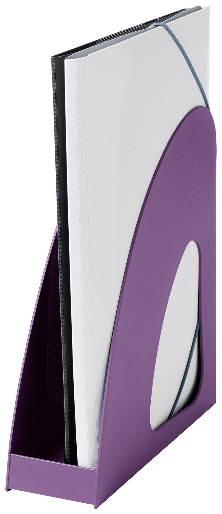 Purple document stand with white lever arch file, standing upright.