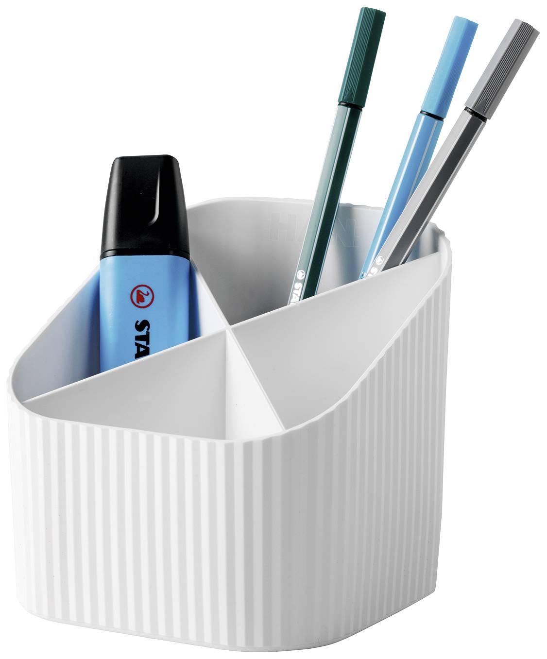 A white, ribbed pen holder with three compartments. On the left, a blue highlighter, on the right two green pens and a grey pen.