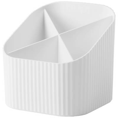 White, ribbed organiser with three compartments for storing items such as pens or brushes. Ideal for desks.