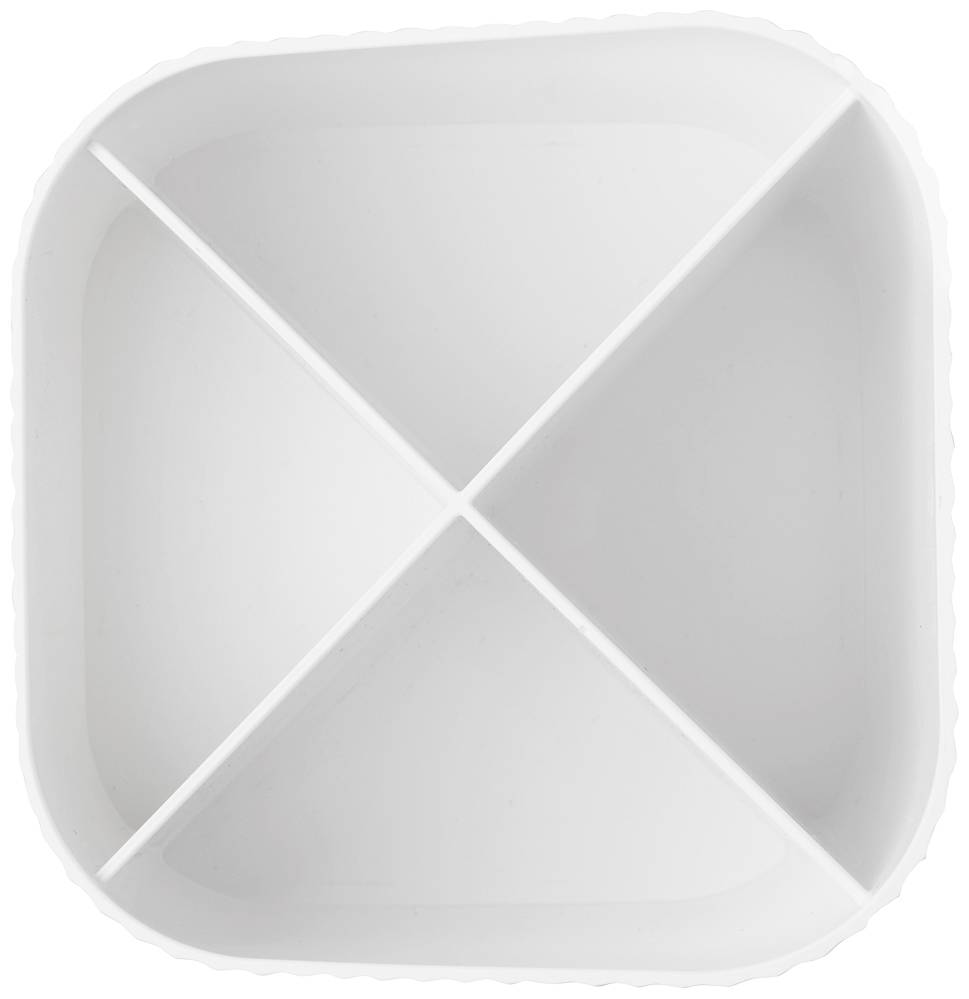 A white, square plastic container with rounded corners, divided into four equally sized compartments.