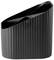 Black, ribbed plastic pen holder with asymmetrical design and multiple compartments for organising writing implements.