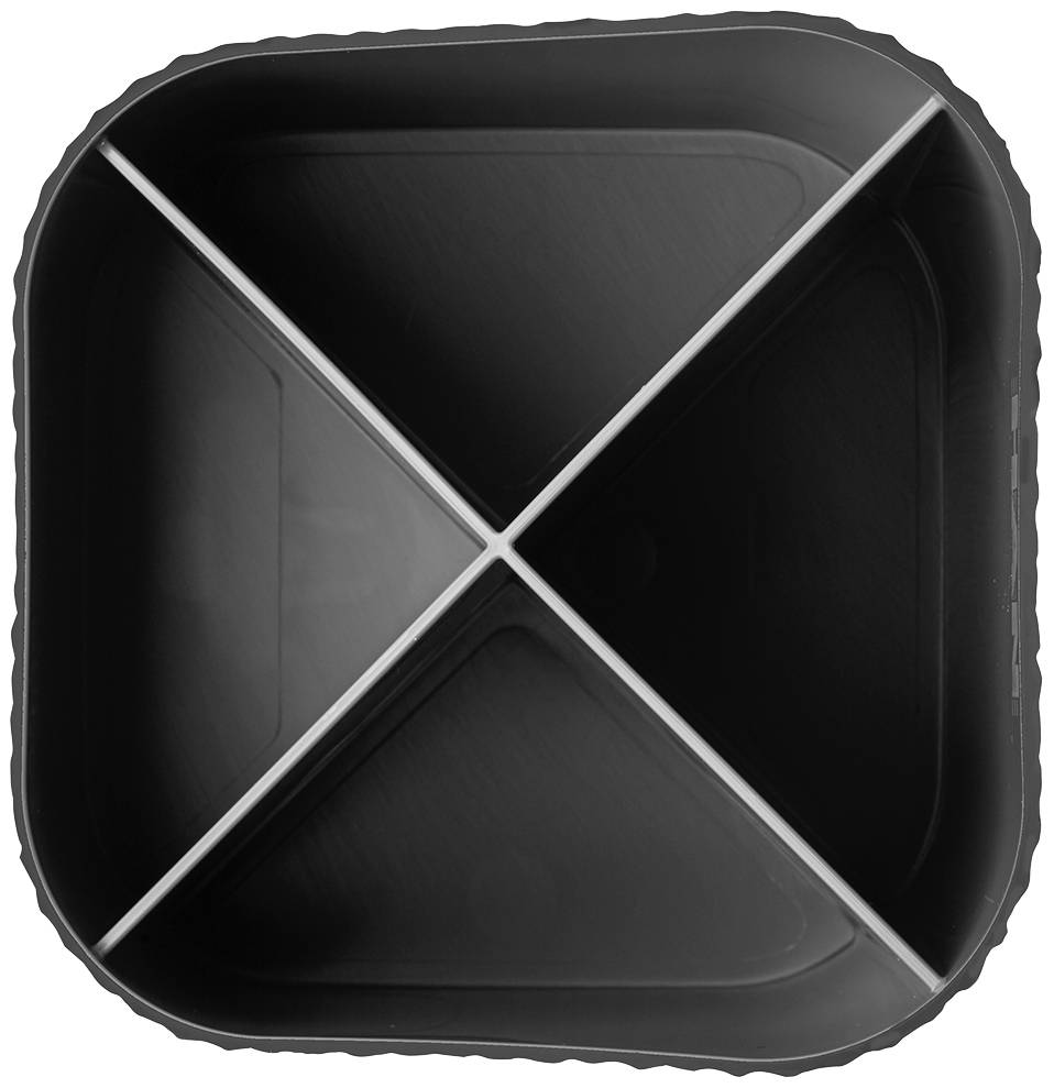 A square compartment with four equally sized areas separated by dividers, viewed from above.