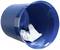A blue wastepaper bin lies on its side, containing crumpled white paper.