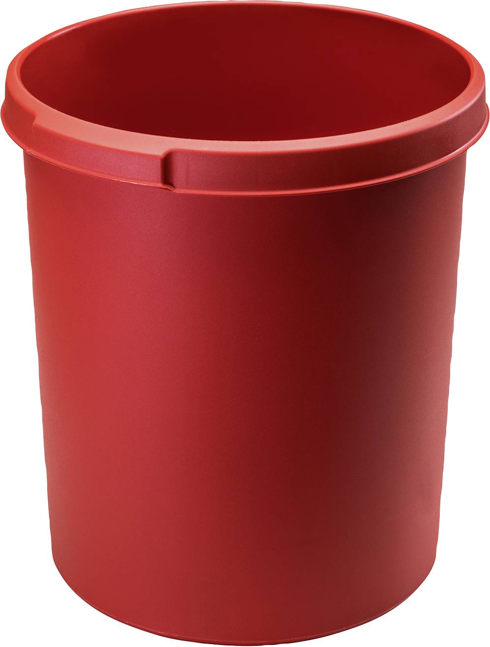A red, cylindrical plastic bin, empty and with no visible contents.