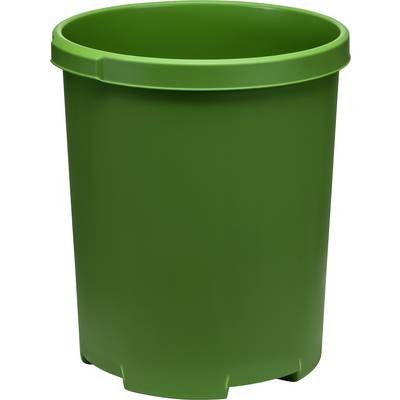 Green plastic waste bin with rounded design, standing upright.