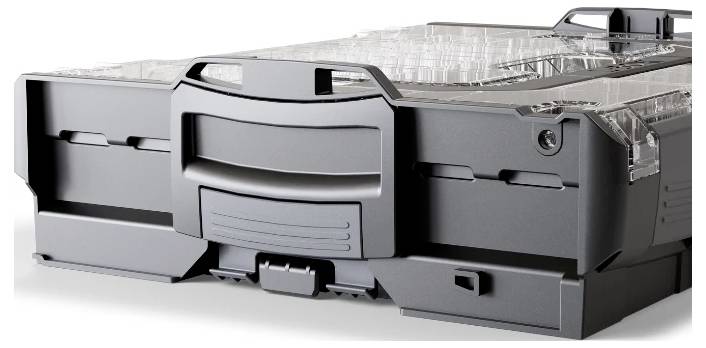 A black printer paper tray with a transparent cover, showing internal paper stacking mechanism, used for office printers.