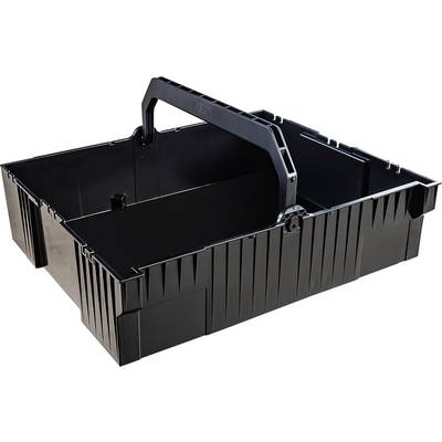 Black plastic tool carrier with carrying handle, suitable for storing and transporting tools or small parts.