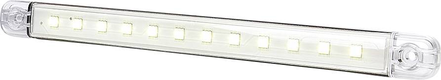 A lengthy, slender LED light with transparent end caps shines brightly white. Suitable for efficient lighting.