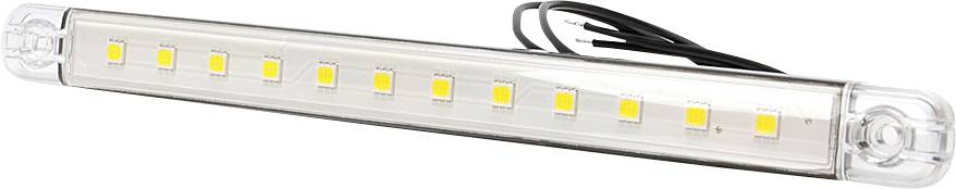 LED light strip with ten yellow diodes in a clear cover, with black connecting wires. Ideal for lighting in cabinets.