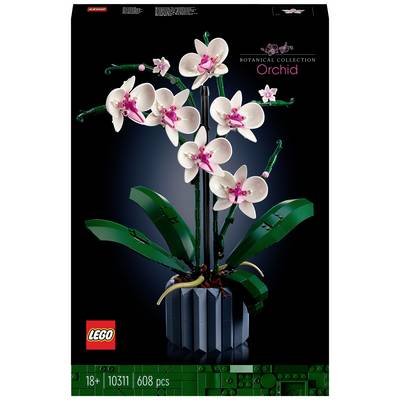 LEGO Orchid Set with white and pink blossoms, green stems and a pot, recommended for ages 18 and up, contains 608 pieces.