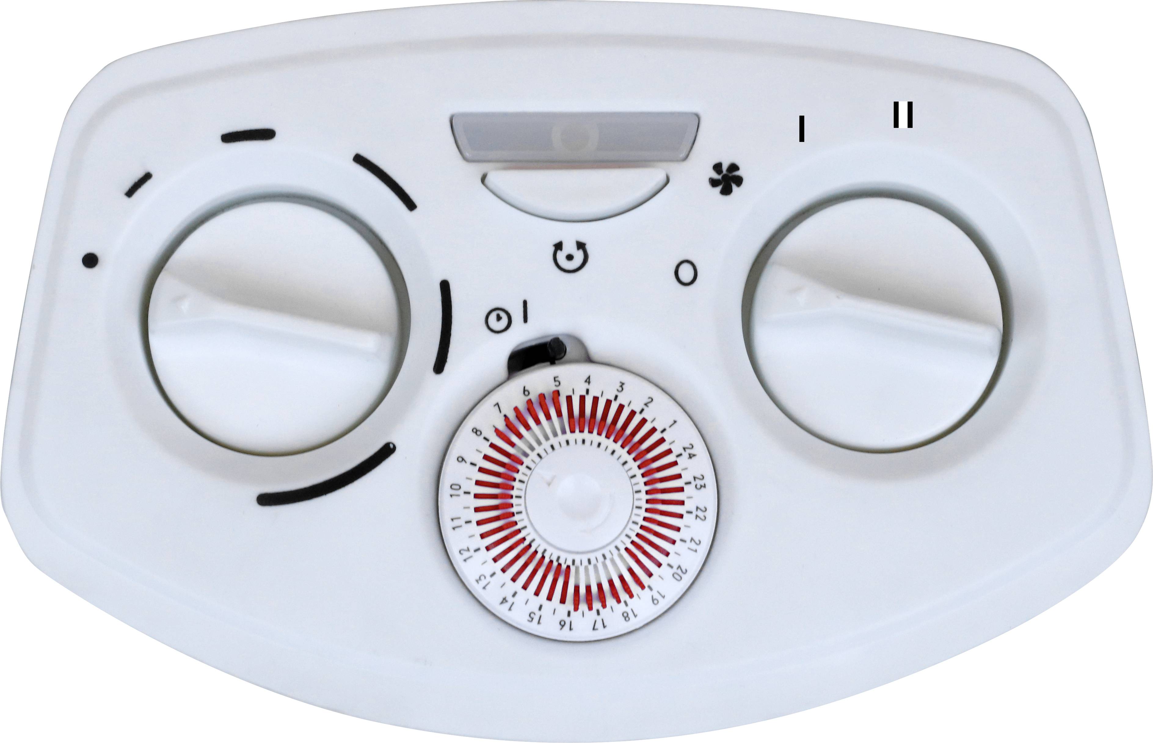 A control panel with two rotary knobs for control. On the left, a knob for temperature, on the right for fan speed. In the centre, a timer.
