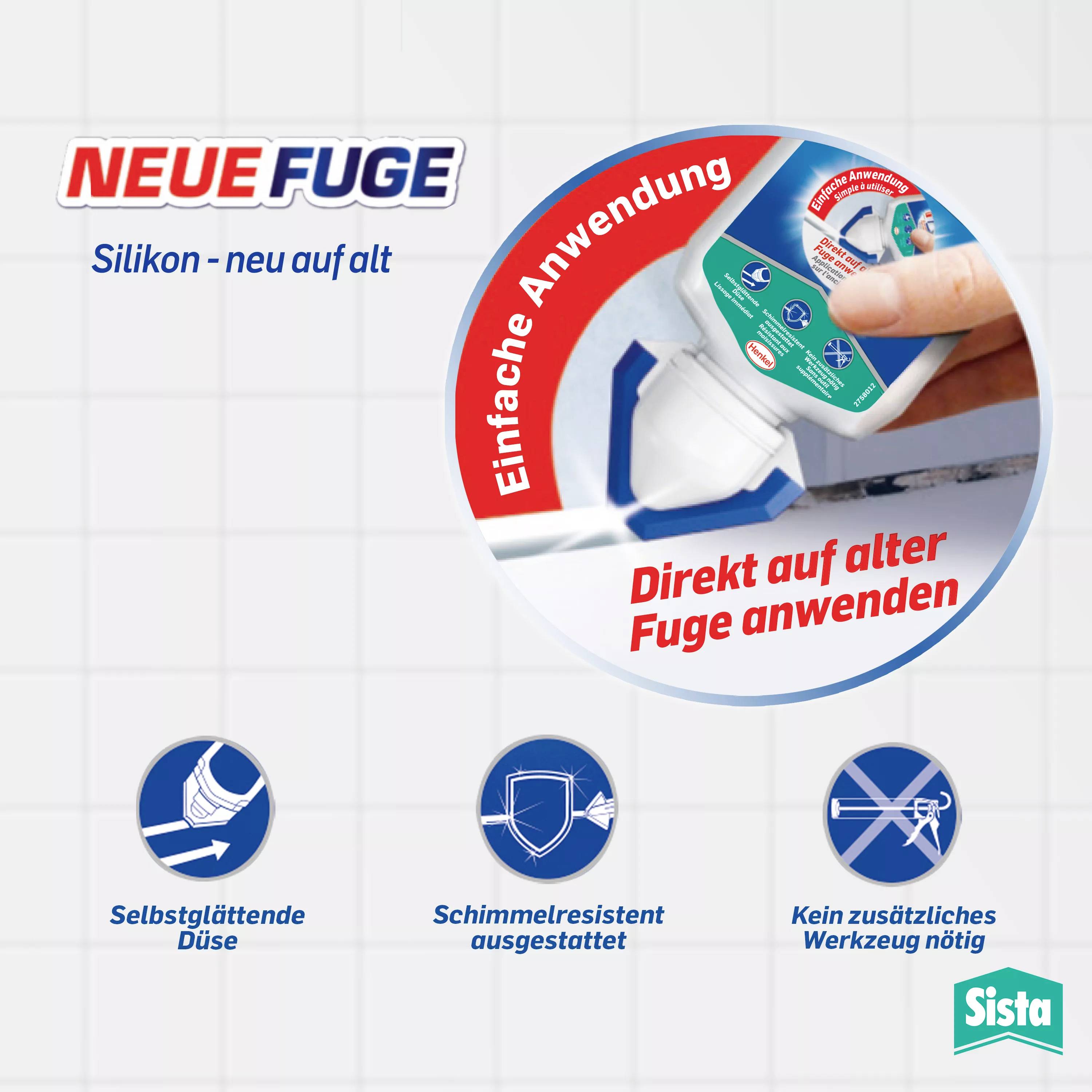 'NEUE FUGE Silicon' product image shows a silicone tube being applied directly onto existing grouting. Features: self-smoothing nozzle, mouldproof, no additional tools required.