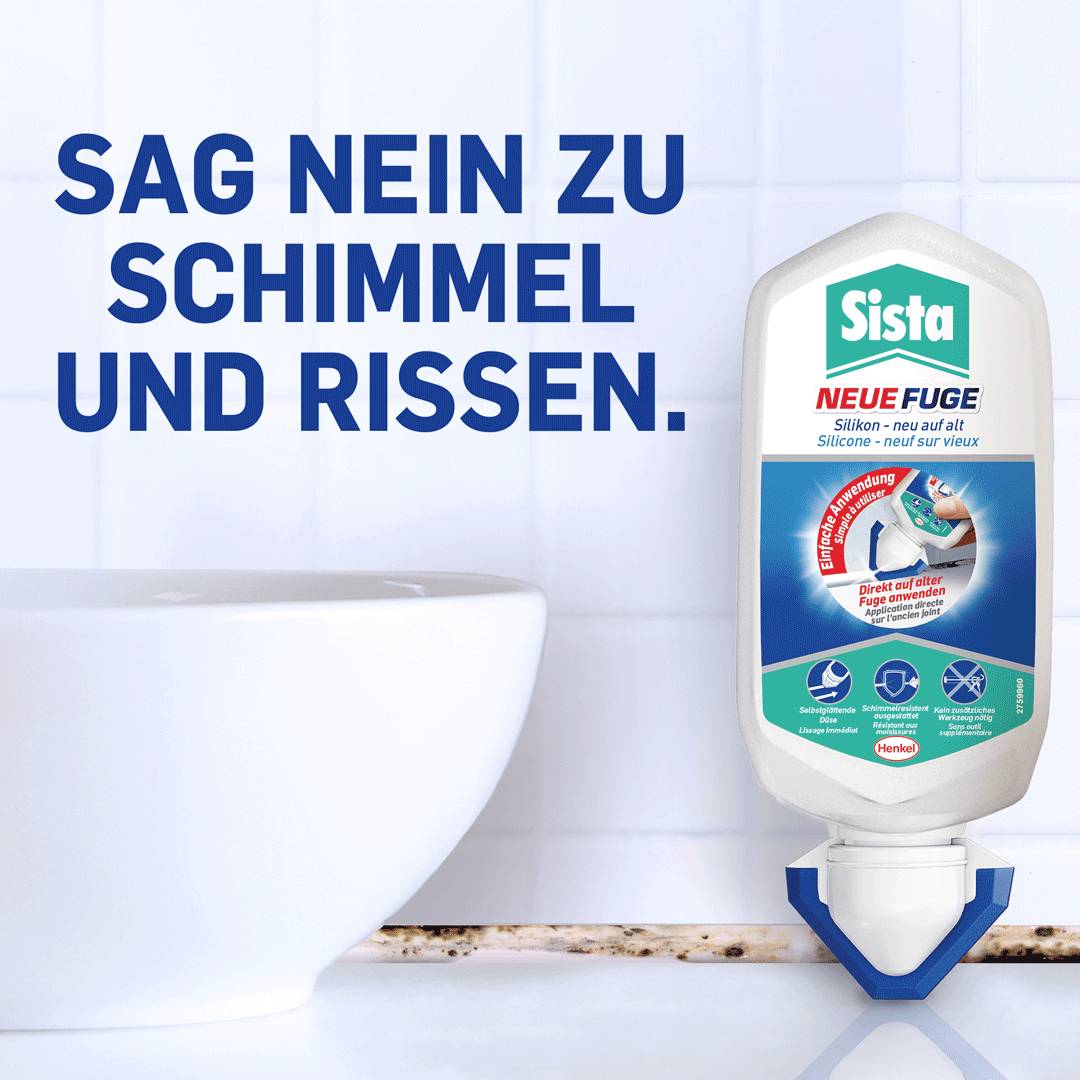 A silicone tube with the label 'Sista NEW SEALANT' sits on a bathroom surface next to the text 'Say no to mould and cracks'.