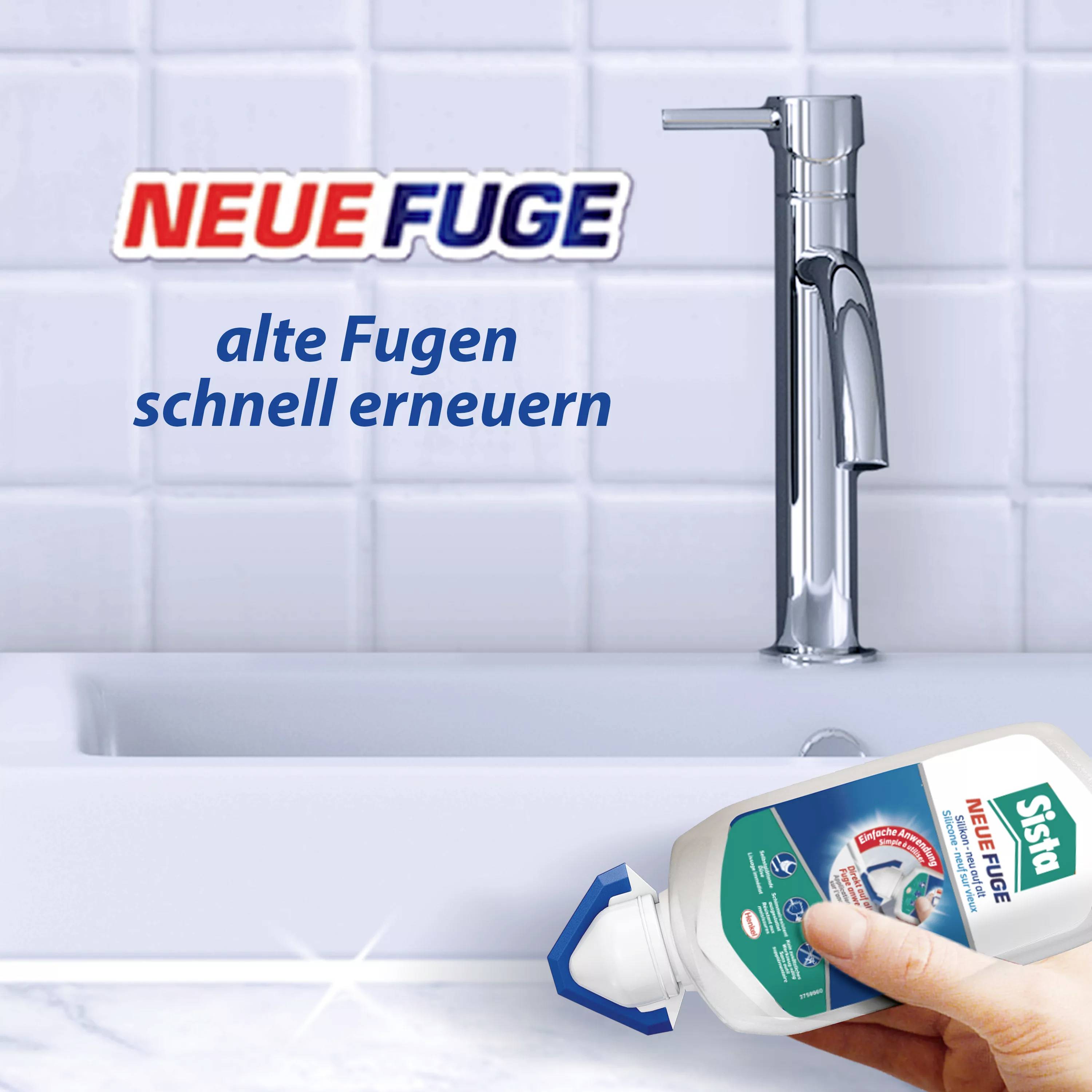 A hand is holding a product in front of a sink with a shiny tap. Text: 'NEW GROUT, quickly renew old grout'.