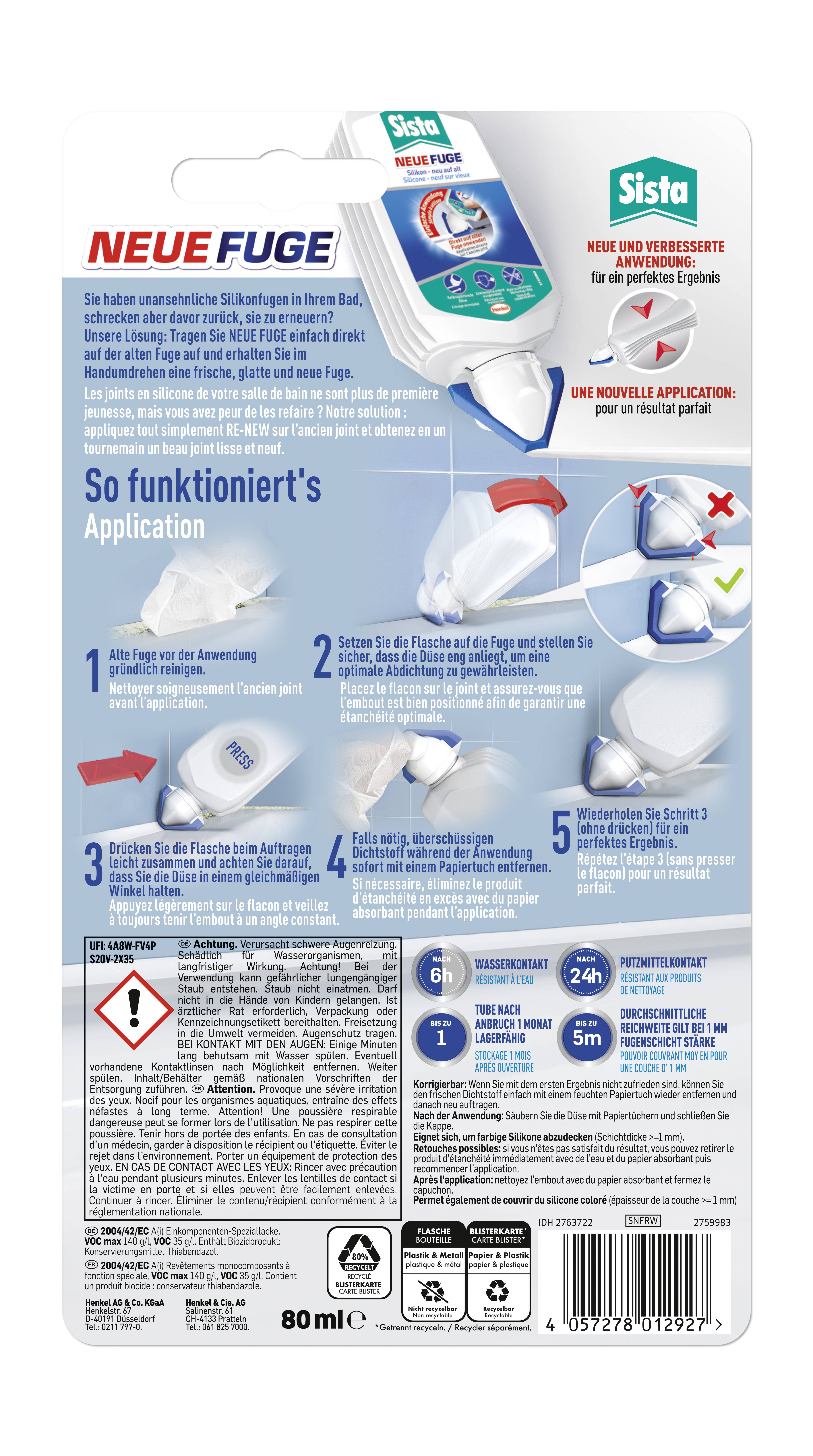 'NEW JOINT' Product Packaging by Sista. Application instructions presented in five steps. Includes diagrams and safety guidance.