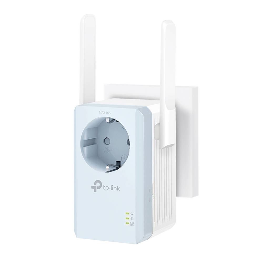 A TP-Link Wi-Fi repeater, plugged directly into a power socket, with two aerials. It boosts the Wi-Fi signal in a room.