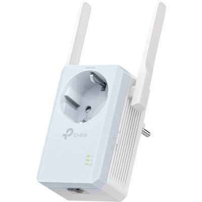 A white TP-Link Wi-Fi repeater with a plug socket and two aerials. The device has three status lights on the front.