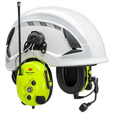Safety helmet with integrated hearing protection and microphone, suitable for noisy work environments.