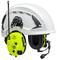 Safety helmet with integrated hearing protection and microphone, suitable for noisy work environments.