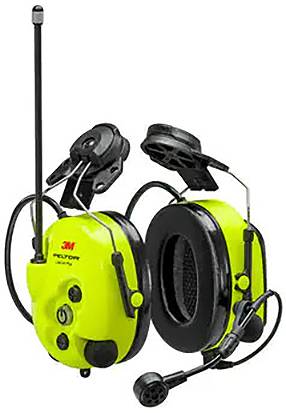Luminous yellow ear defenders with built-in microphone and radio antenna, suitable for noisy environments or communication purposes.