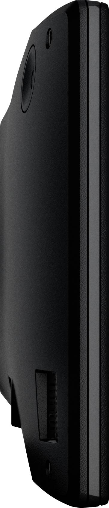 Side view of a black, sleek electronic device, possibly a portable hard drive or media player, with rounded edges and a button.