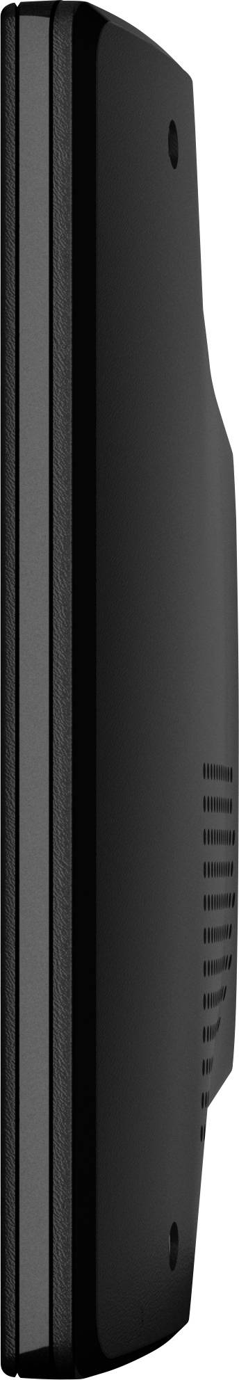 Side view of a black electronic device with a smooth surface and ventilation slots, possibly a speaker or router.