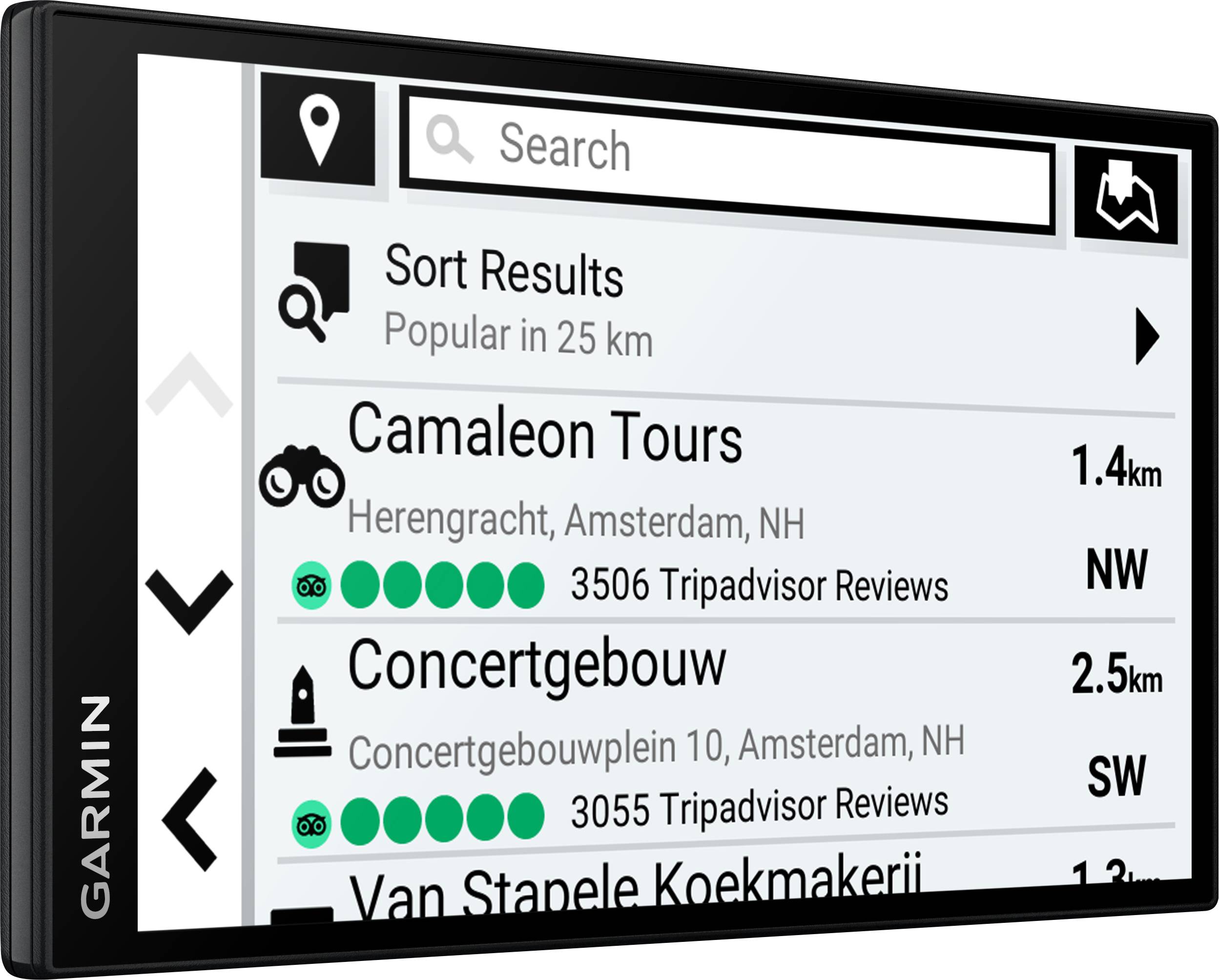 Navigation device shows search results for attractions: 'Camaleon Tours' 1.4 km NW, 'Concertgebouw' 2.5 km SW, reviews.