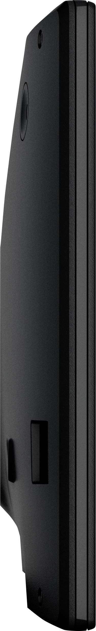 A black laptop in side profile, showcasing its slim design and ventilation openings on the underside.