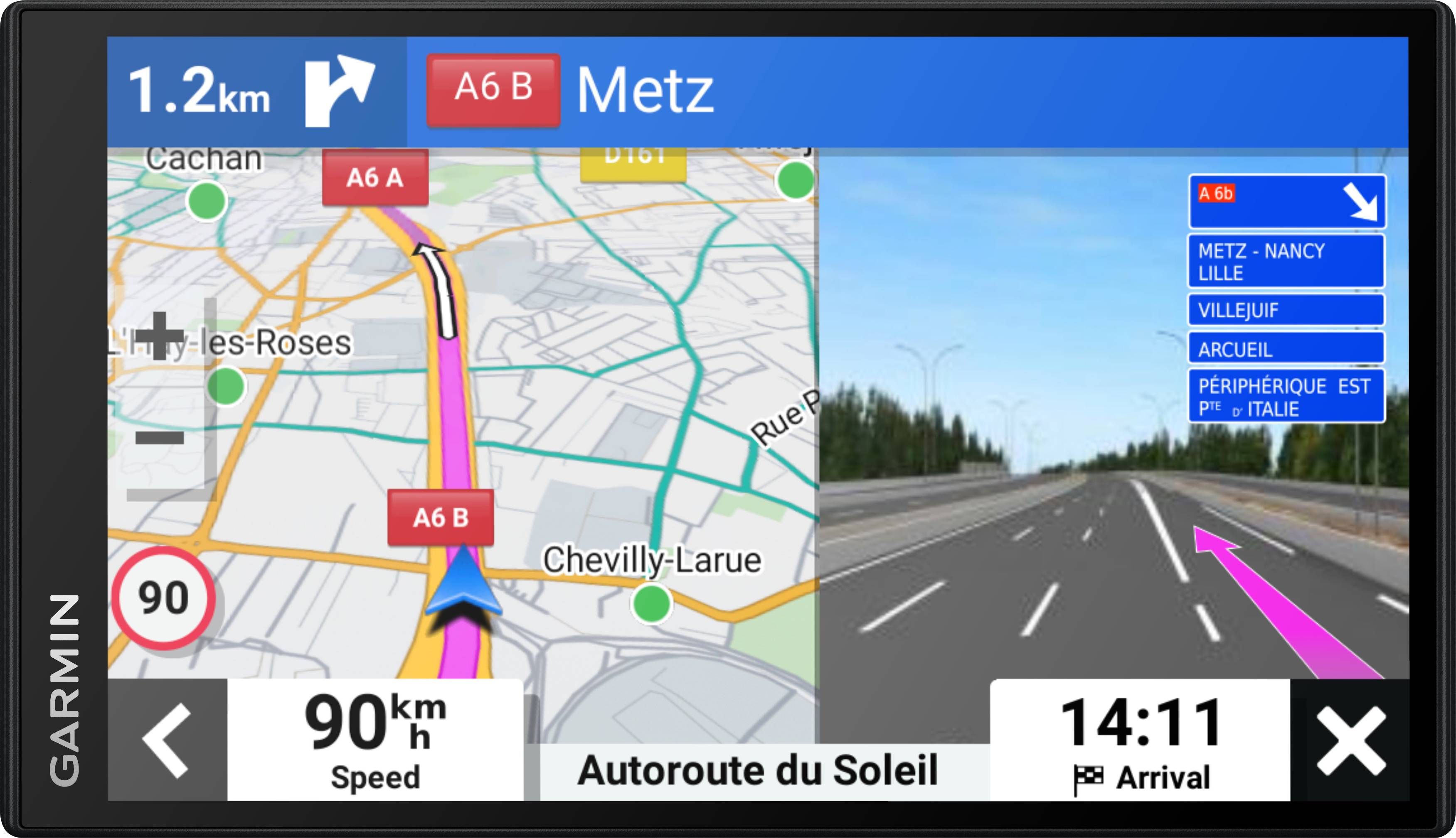 Navigation display shows map and route guidance on the motorway. Destination: Metz in 1.2 km via the A6, current speed 90 km/h. Estimated arrival at 14:11.