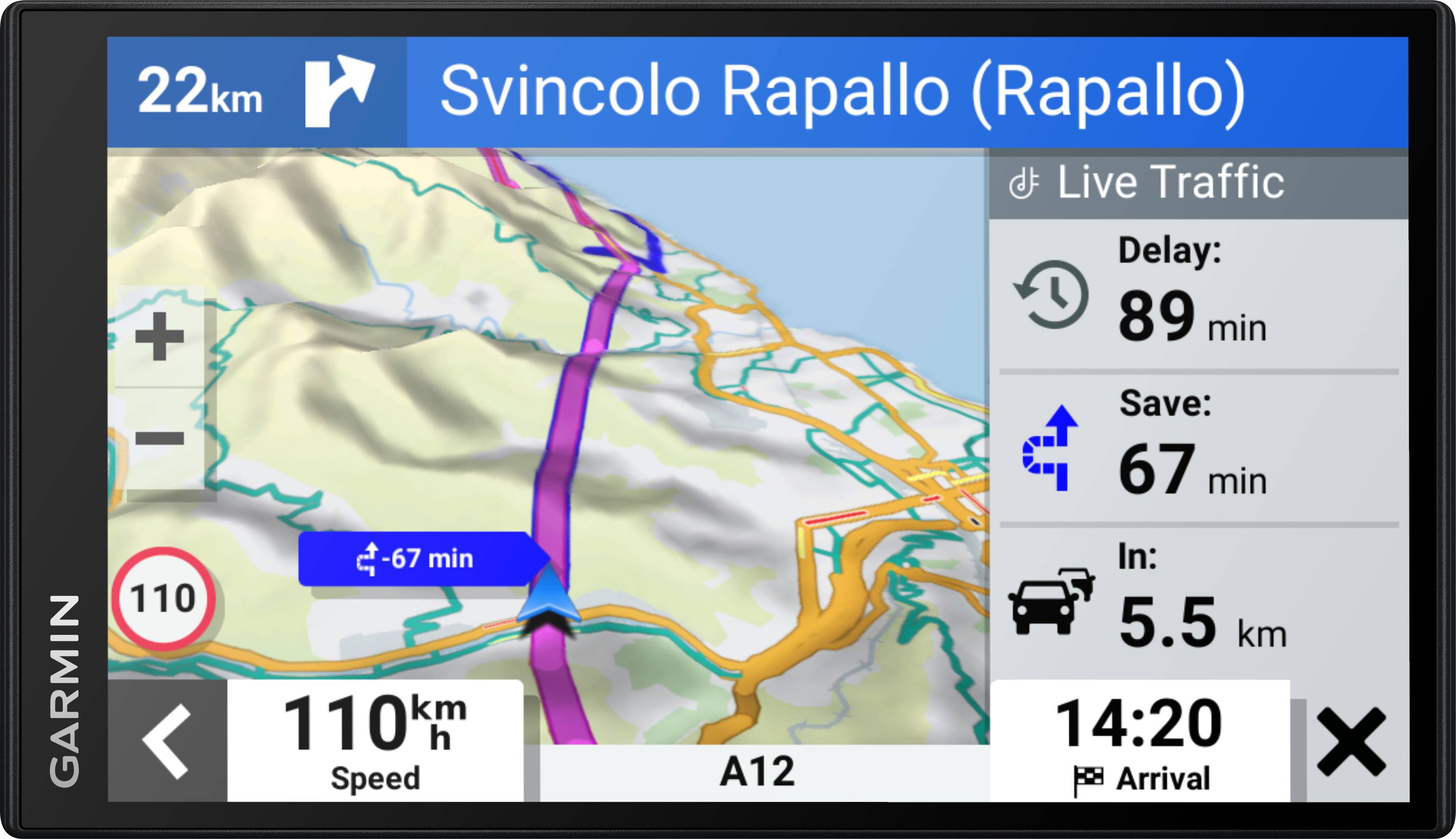 GPS navigation device shows route to 'Svincolo Rapallo'. Delay: 89 mins. Estimated arrival: 14:20. Distance: 5.5 km.