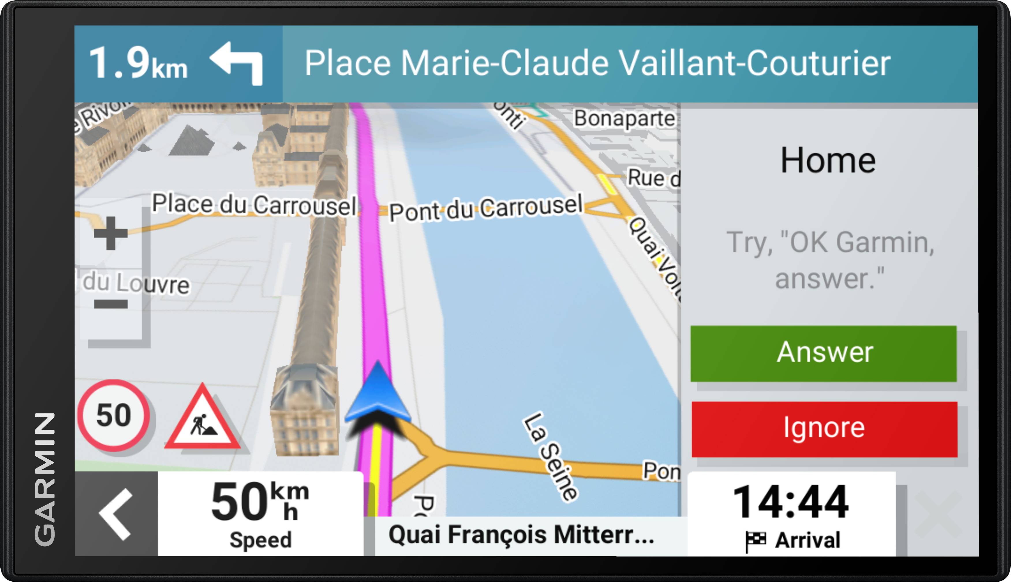A satellite navigation device shows '1.9 km to Place Marie-Claude Vaillant-Couturier', directional arrow, speed limit 50 km/h, incoming call.