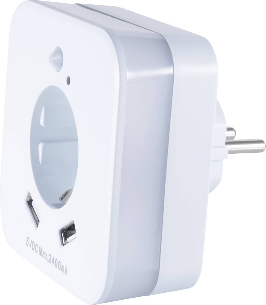 Electrical adapter with two USB ports and one socket connection. White design, suitable for European plug sockets.