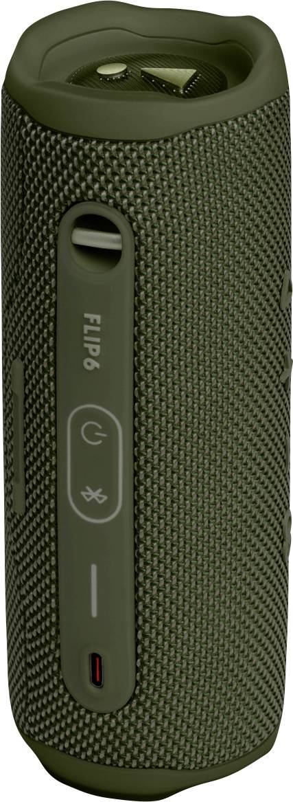 Portable, cylindrical speaker in dark green with side controls. 'Flip 6' marking visible.