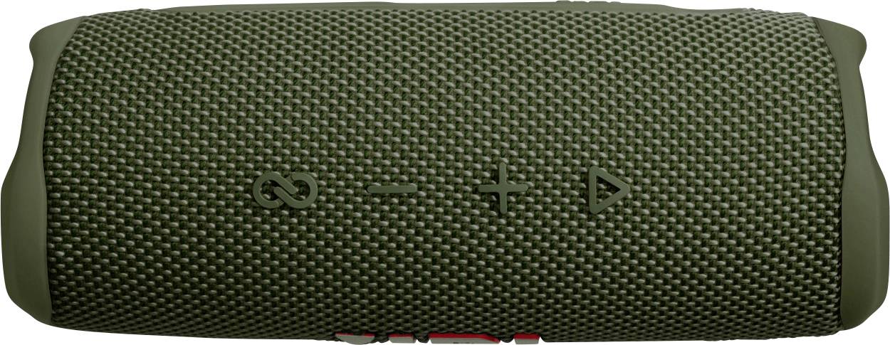 Green, portable speaker with textured fabric and black control buttons for volume and playback.