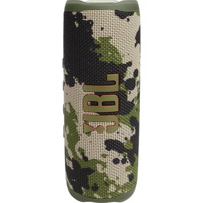 Portable speaker with camouflage design and prominent logo on the side.