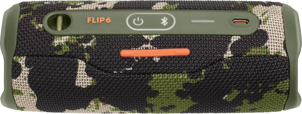 A portable speaker in camouflage pattern, with control buttons and a USB port for charging.