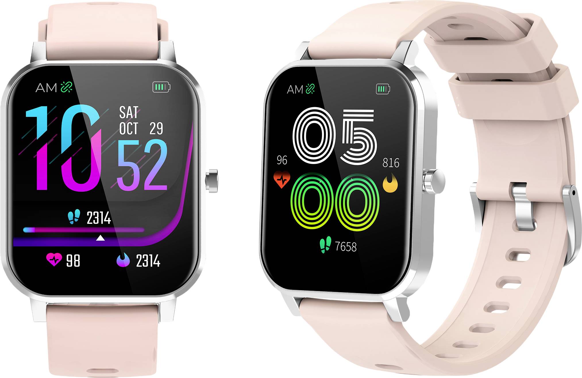 Two smartwatches with pink straps display colourful digital screens showing time, date, step count, and heart rate.