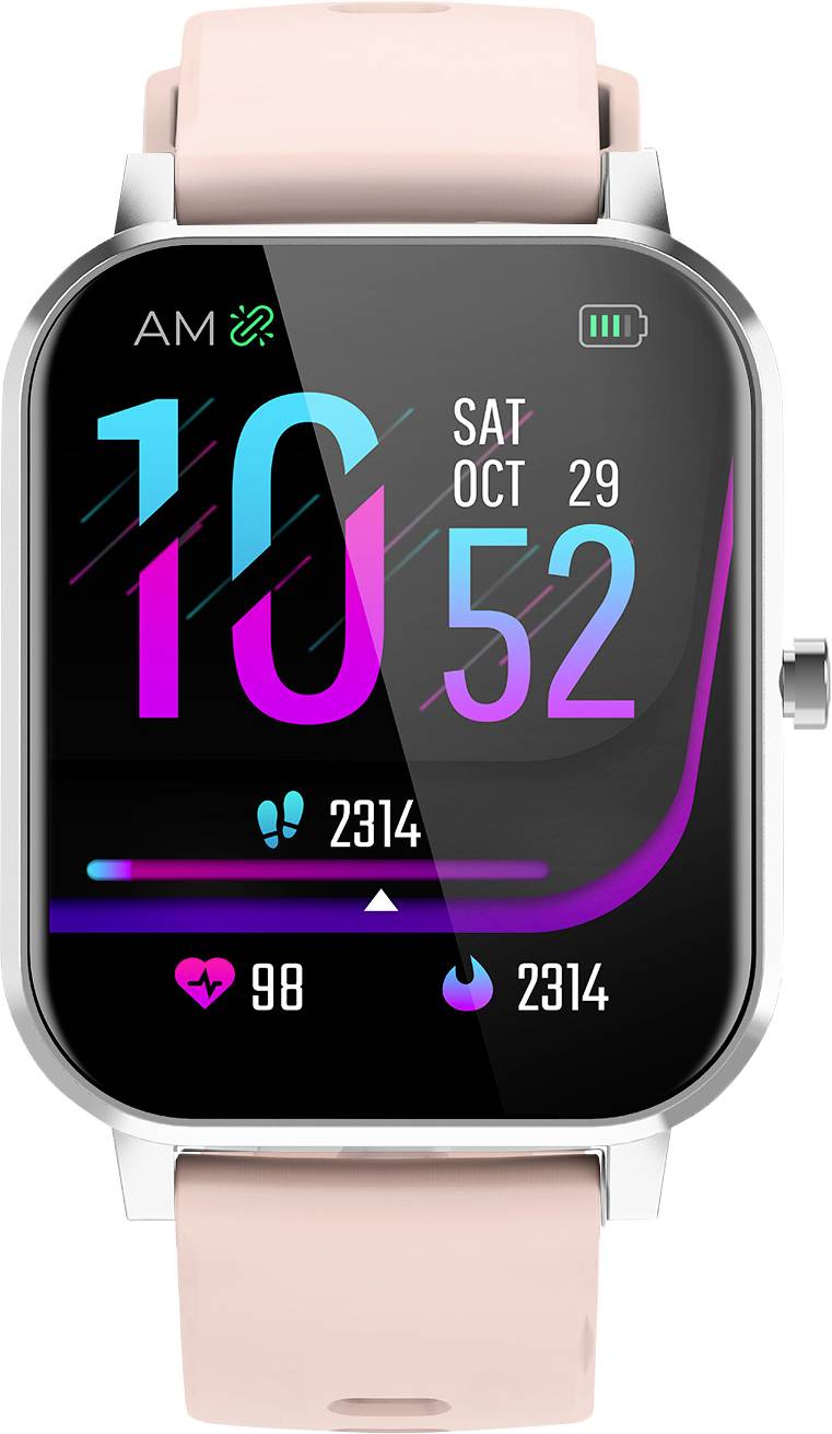 A smartwatch with a pink strap displays the time and steps. Additional symbols show heart rate and energy consumption.