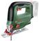 Green Bosch Jigsaw, Model UniversalSaw 18V-100, with black handle and red dial, positioned sideways.