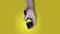 A hand covered in soil holds a yellow and black torch against a yellow background.