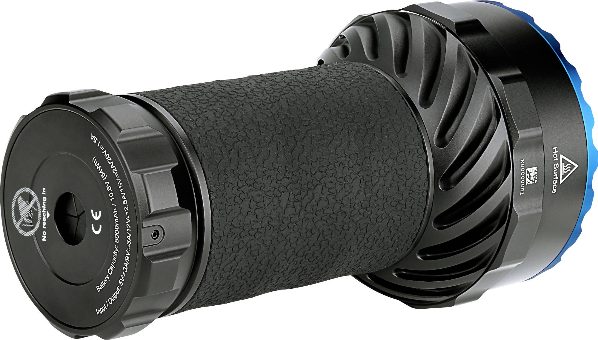 A black, robust torch with a textured grip, large lens, and brand logo on the casing.