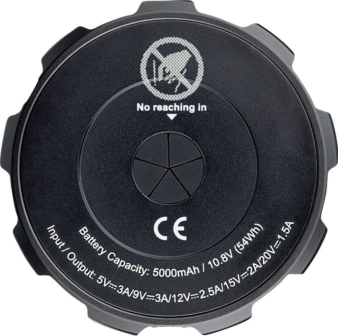 'Warning symbol against intervention' on a black device cover with technical specification: Battery capacity 5000mAh, Input/Output 5V.