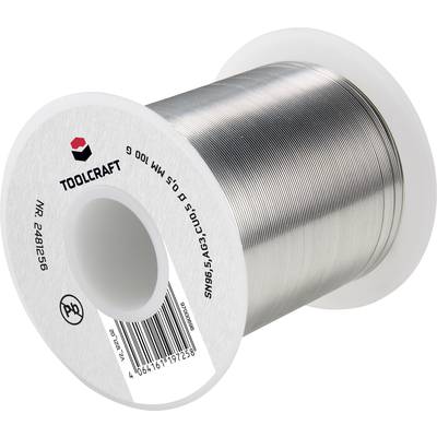 Roll of solder from TOOLCRAFT, 0.5 mm thick, 100 g, with printed 'No. 2491256', barcode and lead-free logo on the spool.