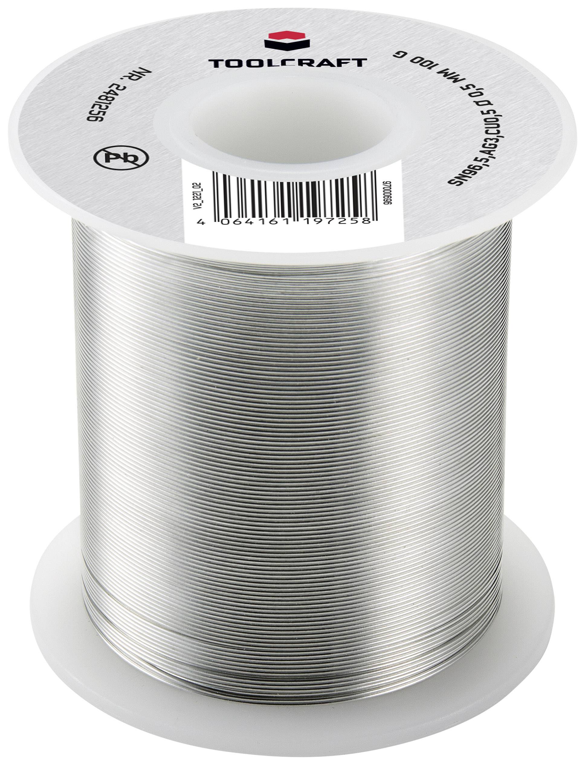 A large reel of solder wire from the Toolcraft brand, depicted by the barcode label on the top of the spool.
